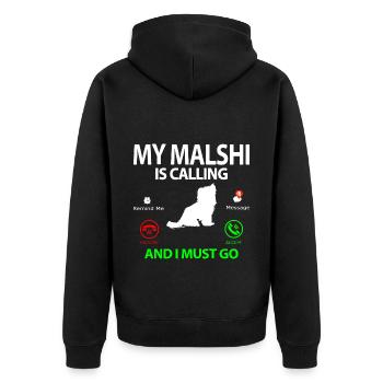 Malshi Hund Maltese Shih tzu Mix is Calling - Unisex Premium Bio Zip Hoodie - Schwarz - Hinten - Nico (187cm)