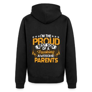 Sohn Vater Eltern Geschenkidee - Unisex Premium Bio Zip Hoodie - Schwarz - Hinten - Nico (187cm)