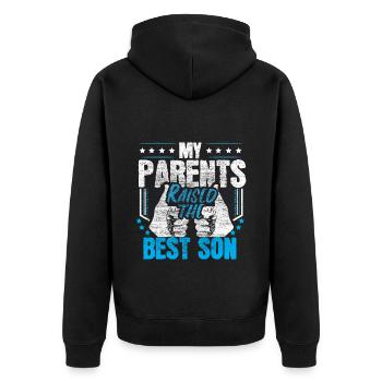 Sohn Familie Junge Geschenkidee - Unisex Premium Bio Zip Hoodie - Schwarz - Hinten - Nico (187cm)