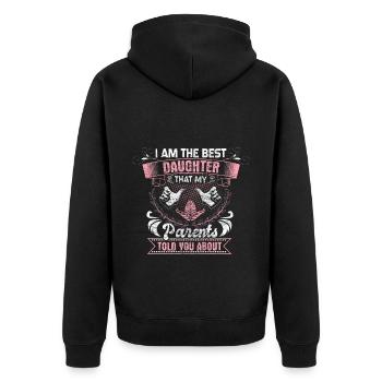 Tochter Vater Geschenkidee - Unisex Premium Bio Zip Hoodie - Schwarz - Hinten - Nico (187cm)