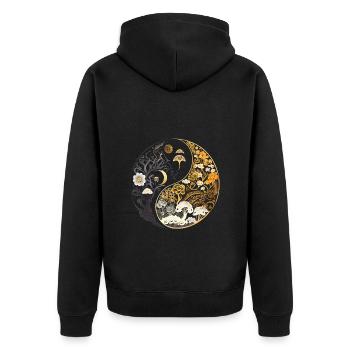Goldenes, Florales Pilz Ying Yang Design - Unisex Premium Bio Zip Hoodie - Schwarz - Hinten - Nico (187cm)