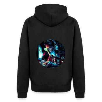 Futuristischer 80er Retro Trash PC Nerd - Unisex Premium Bio Zip Hoodie - Schwarz - Hinten - Nico (187cm)