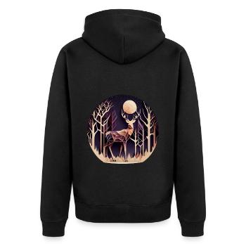 Hirsch mit Mond im Wald mit Bäumen - Papercut - Unisex Premium Bio Zip Hoodie - Schwarz - Hinten - Nico (187cm)