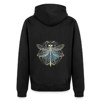 Libellule avec ornement blanc - Géométrie sacrée - Veste à capuche bio Premium Unisexe - noir - Dos - Nico (187cm)