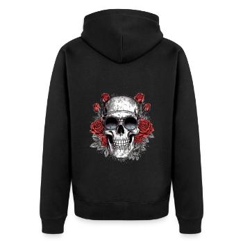 Cooler Hipster Totenkopf mit Brille und Rosen - Unisex Premium Bio Zip Hoodie - Schwarz - Hinten - Nico (187cm)