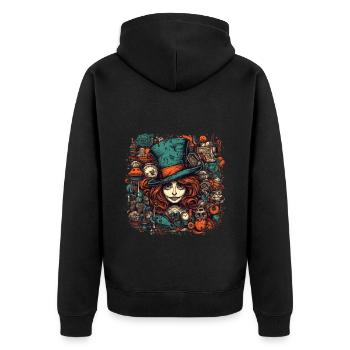 Hutmacher Frau mit roten Haaren - Unisex Premium Bio Zip Hoodie - Schwarz - Hinten - Nico (187cm)