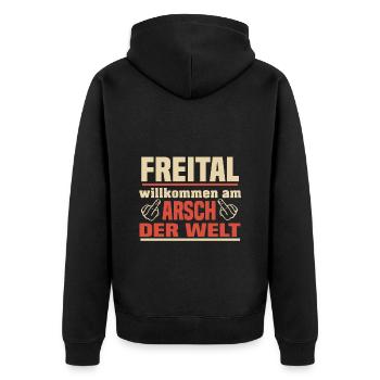 Freital - Unisex Premium Bio Zip Hoodie - Schwarz - Hinten - Nico (187cm)