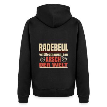 Radebeul - Unisex Premium Bio Zip Hoodie - Schwarz - Hinten - Nico (187cm)