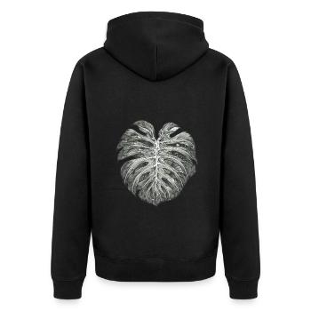 Surrealistisches Monstera Blatt, Pflanzen Motiv - Unisex Premium Bio Zip Hoodie - Schwarz - Hinten - Nico (187cm)