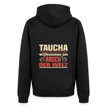 Taucha - Unisex Premium Bio Zip Hoodie - Schwarz - Hinten - Nico (187cm)