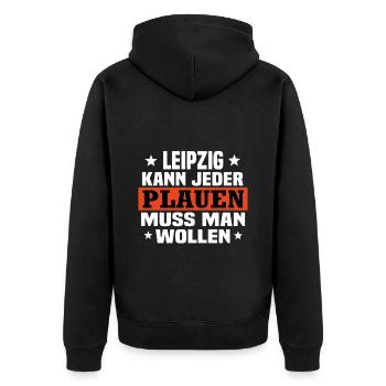 Plauen - Unisex Premium Bio Zip Hoodie - Schwarz - Hinten - Nico (187cm)