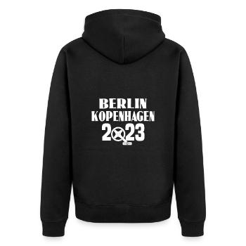 Berlin Kopenhagen Radweg - Unisex Premium Bio Zip Hoodie - Schwarz - Hinten - Nico (187cm)