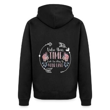 Zeit Lebenszeit Zeitlos - Unisex Premium Bio Zip Hoodie - Schwarz - Hinten - Nico (187cm)
