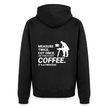Kaffeepausen-Weisheit: Holzfäller-Zimmermann Lustig - Unisex Premium Bio Zip Hoodie - Schwarz - Hinten - Nico (187cm)