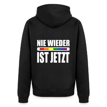 Nie wieder ist jetzt - Unisex Premium Bio Zip Hoodie - Schwarz - Hinten - Nico (187cm)