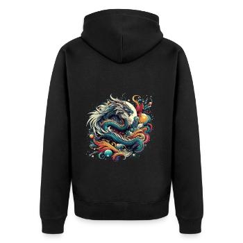 Dragon mystique dans des tourbillons abstraits colorés - Veste à capuche bio Premium Unisexe - noir - Dos - Nico (187cm)