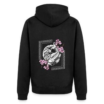 Orient Samurai Sagen Zeitreise - Unisex Premium Bio Zip Hoodie - Schwarz - Hinten - Nico (187cm)