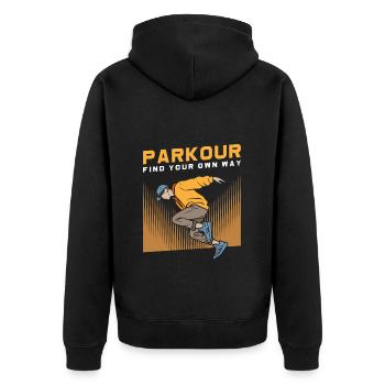 Parkour Rolle Extremsport Sprung - Unisex Premium Bio Zip Hoodie - Schwarz - Hinten - Nico (187cm)
