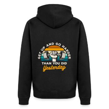Crosstrainer Cardio Gesundheit Lifestyle - Unisex Premium Bio Zip Hoodie - Schwarz - Hinten - Nico (187cm)