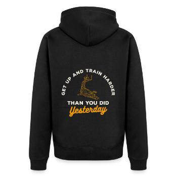 Crosstrainer Muskelaufbau Ausdauersport - Unisex Premium Bio Zip Hoodie - Schwarz - Hinten - Nico (187cm)