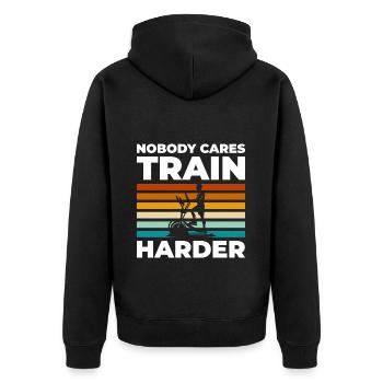 Training Muskeln Trainer - Unisex Premium Bio Zip Hoodie - Schwarz - Hinten - Nico (187cm)