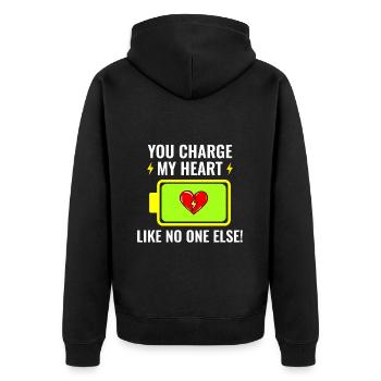 Elektriker Valentine: Du lädst mein Herz auf - Unisex Premium Bio Zip Hoodie - Schwarz - Hinten - Nico (187cm)