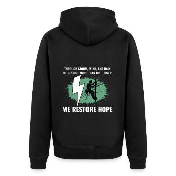 Lineman Sturm Wind Regen Hoffnung Wiederherstellung der Stromversorgung - Unisex Premium Bio Zip Hoodie - Schwarz - Hinten - Nico (187cm)