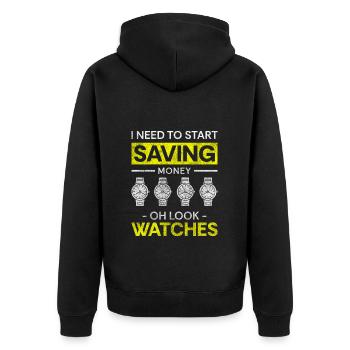 Uhrensammler Sammler Oldschool - Unisex Premium Bio Zip Hoodie - Schwarz - Hinten - Nico (187cm)