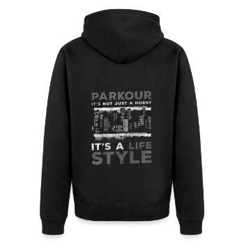 Freerunning Springen Mut Schnell - Unisex Premium Bio Zip Hoodie - Schwarz - Hinten - Nico (187cm)