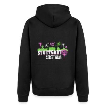 Stuttgart Skyline Stadt Deutschland Graffiti Kunst - Unisex Premium Bio Zip Hoodie - Schwarz - Hinten - Nico (187cm)