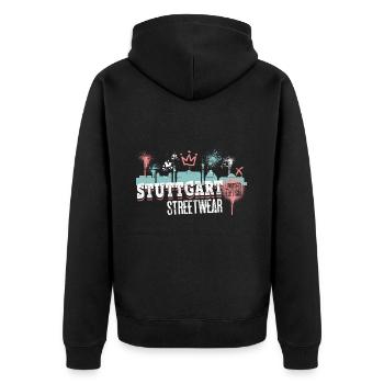 Stuttgart Skyline Stadt Deutschland Graffiti Kunst - Unisex Premium Bio Zip Hoodie - Schwarz - Hinten - Nico (187cm)