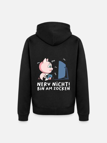 Bin am Zocken Gaming Schwein - Unisex Premium Bio Zip Hoodie - Schwarz