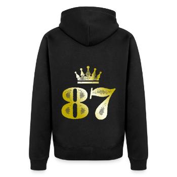 87 Zahl Krone Gold - Unisex Premium Bio Zip Hoodie - Schwarz - Hinten - Nico (187cm)