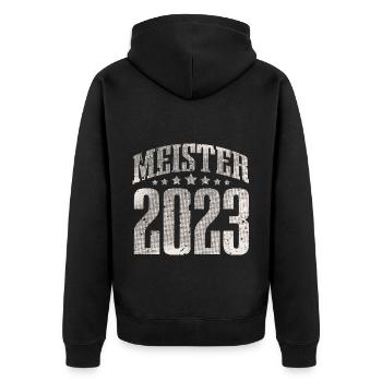 Meister 2023 Meisterprüfung Meisterbrief - Unisex Premium Bio Zip Hoodie - Schwarz - Hinten - Nico (187cm)