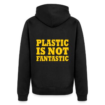 Plastic is not fantastic - Unisex Premium Bio Zip Hoodie - Schwarz - Hinten - Nico (187cm)