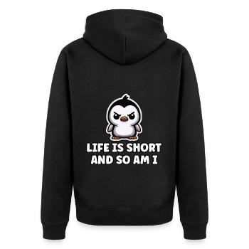 Drôle pingouin disant cadeau de personne courte - Veste à capuche bio Premium Unisexe - noir - Dos - Nico (187cm)
