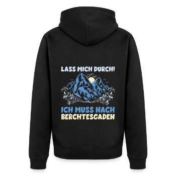 Berchtesgaden Urlaub Wandern Berge LASS MICH DURCH - Unisex Premium Bio Zip Hoodie - Schwarz - Hinten - Nico (187cm)