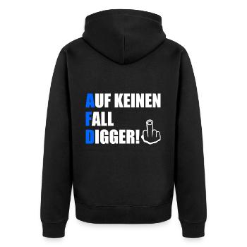 auf keinen fall digga - Unisex Premium Bio Zip Hoodie - Schwarz - Hinten - Nico (187cm)