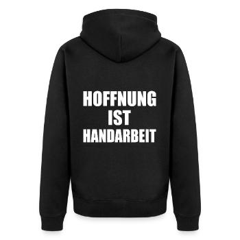 hoffnung ist handarbeit - Unisex Premium Bio Zip Hoodie - Schwarz - Hinten - Nico (187cm)