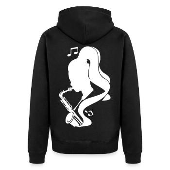 Saxophonistin Skizze - Unisex Premium Bio Zip Hoodie - Schwarz - Hinten - Nico (187cm)