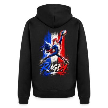 Heller dreikoloriger Rugby-Hahn - Unisex Premium Bio Zip Hoodie - Schwarz - Hinten - Nico (187cm)