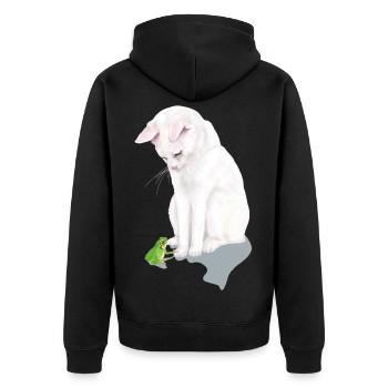 weiße Katze trifft Frosch - Unisex Premium Bio Zip Hoodie - Schwarz - Hinten - Nico (187cm)