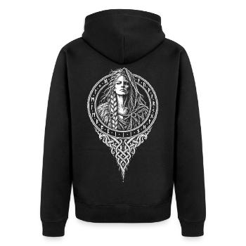 Die Totengöttin, halb lebend, halb tot - Unisex Premium Bio Zip Hoodie - Schwarz - Hinten - Nico (187cm)