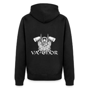 Fathor Vathor Vater Thor Hammer Vatertag Geschenk - Unisex Premium Bio Zip Hoodie - Schwarz - Hinten - Nico (187cm)
