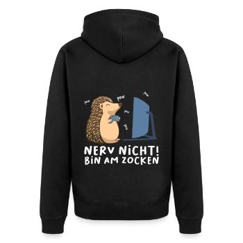 Bin am Zocken Gaming Igel - Unisex Premium Bio Zip Hoodie - Schwarz - Hinten - Nico (187cm)