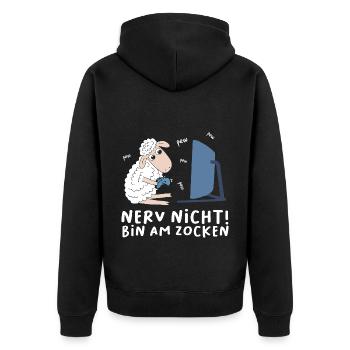 Bin am Zocken Gaming Schaf - Unisex Premium Bio Zip Hoodie - Schwarz - Hinten - Nico (187cm)