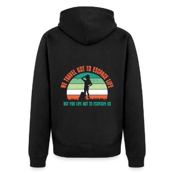 Wandern Wanderung Berg Spazieren Wanderschuhe - Unisex Premium Bio Zip Hoodie - Schwarz - Hinten - Nico (187cm)