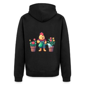 Huhn als Gärtner - Unisex Premium Bio Zip Hoodie - Schwarz - Hinten - Nico (187cm)