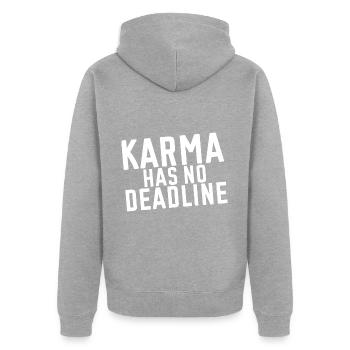 Karma Has No Deadline - Unisex Premium Bio Zip Hoodie - Grau meliert - Hinten - Nico (187cm)