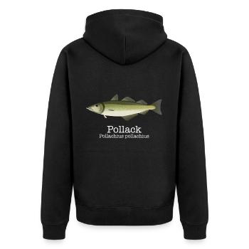 Pollack - der Trendfisch mit Schriftzug - Unisex Premium Bio Zip Hoodie - Schwarz - Hinten - Nico (187cm)